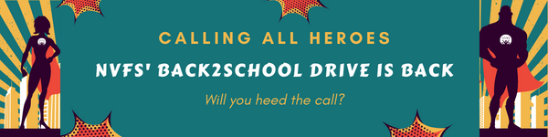 Green, yellow, and red banner with hero silhouettes on each side. Text reads 'Calling all heroes. NVFS' Back2School Drive is Back. Will you heed the call?
