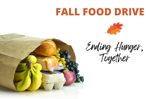 grocery bag with food text says fall food drive ending hunger together